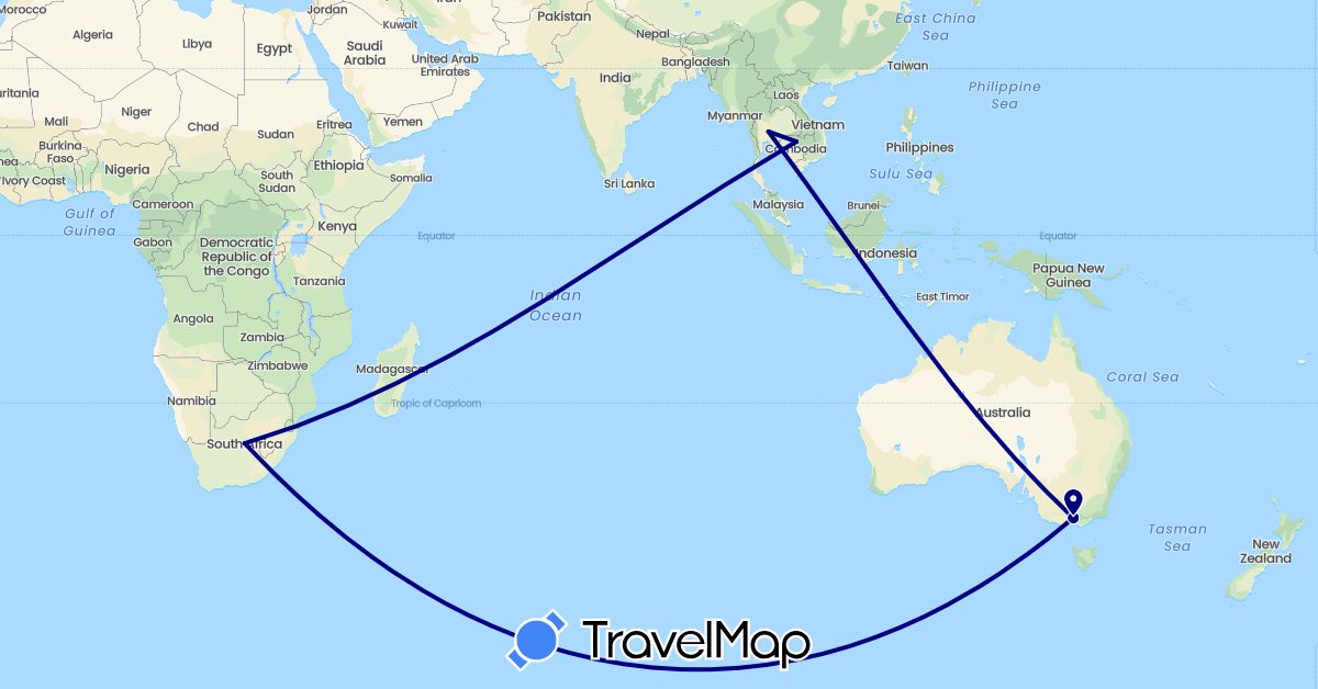 TravelMap itinerary: driving in Australia, Cambodia, Thailand, South Africa (Africa, Asia, Oceania)